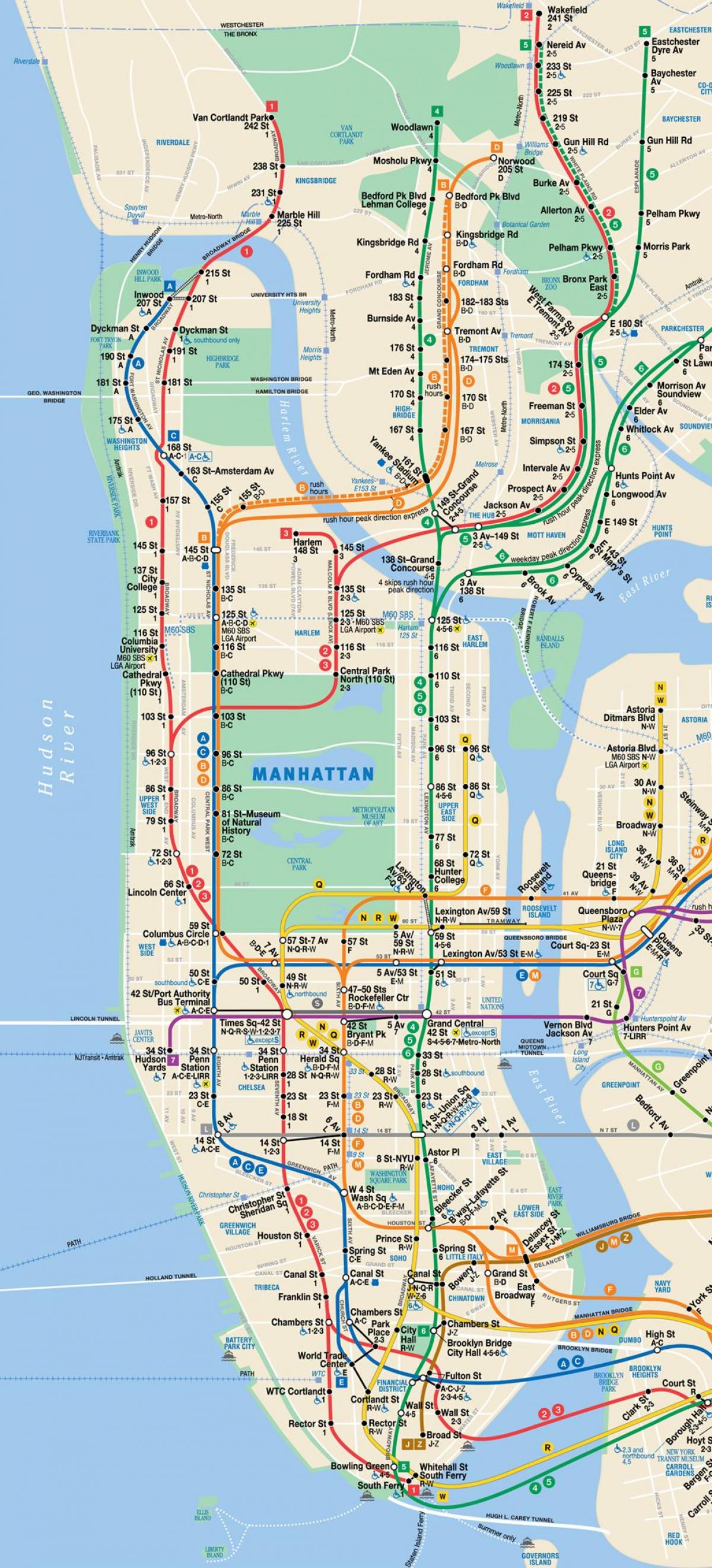 Kaart van metrostations in Manhattan